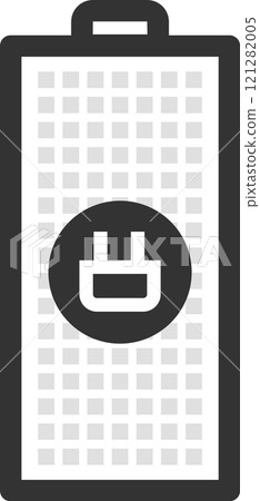 Stylized vector illustration of a rechargeable battery with a charging plug symbol indicating full power level, representing energy storage, power supply and electrical concepts 121282005