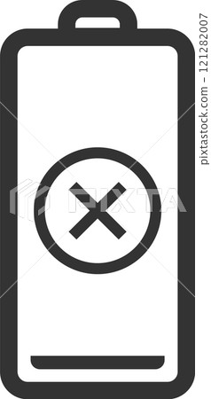 Minimalist vector illustration of an empty battery icon with a cross, indicating a critical power level or charging issue, isolated on white background 121282007