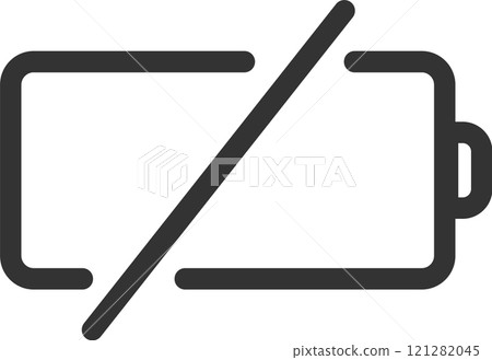 Diagonal line crossing a simple battery icon, indicating a critically low or empty battery status, symbolizing the need for charging or power conservation Diagonal line crossing a simple battery icon, indicating a critically low or empty battery status, symbolizing the need for charging or power conservation 121282045