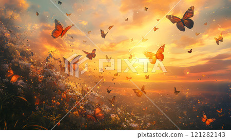 A flock of butterflies dancing in the sunset A flock of butterflies dancing in the sunset 121282143
