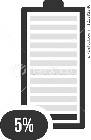 Minimalist vector illustration of a battery icon with a charge indicator showing five percent remaining, representing low power and the need to recharge Minimalist vector illustration of a battery icon with a charge indicator showing five percent remaining, representing low power and the need to recharge 121282246
