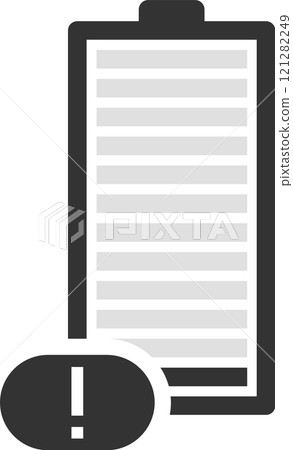 Battery icon depicting low power with an exclamation mark warning, signaling the urgent need for recharging or energy conservation to maintain device performance 121282249