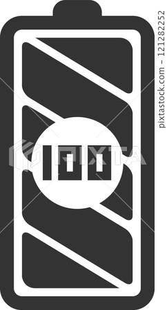 Full battery showing one hundred percent charge status with white indicator against dark gray background, suitable for energy and power concepts Full battery showing one hundred percent charge status with white indicator against dark gray background, suitable for energy and power concepts 121282252