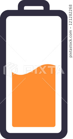 Simple battery icon displaying a moderate charge level, ideal for user interfaces and power status indicators in various electronic devices and applications Simple battery icon displaying a moderate charge level, ideal for user interfaces and power status indicators in various electronic devices and applications 121282268