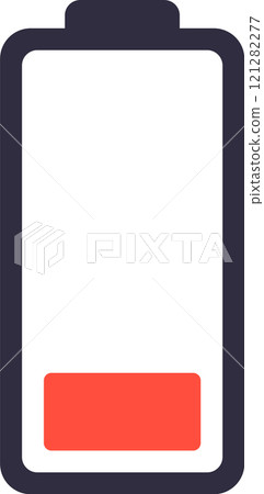 Minimalist vector illustration featuring a low battery icon, representing a critical power level and emphasizing the urgent need for immediate charging to prevent device exhaustion Minimalist vector illustration featuring a low battery icon, representing a critical power level and emphasizing the urgent need for immediate charging to prevent device exhaustion 121282277