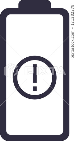 Battery icon with exclamation point representing critical power level, symbolizing the need for immediate charging or power source connection for electronic devices 121282279