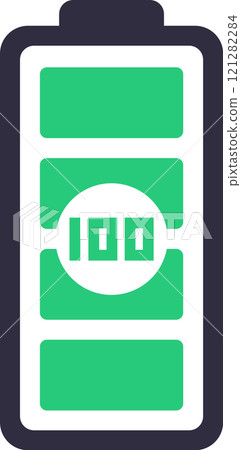 Full battery icon with one hundred percent charge indicator showing maximum power level, representing energy, efficiency, and long lasting performance in electronic devices 121282284