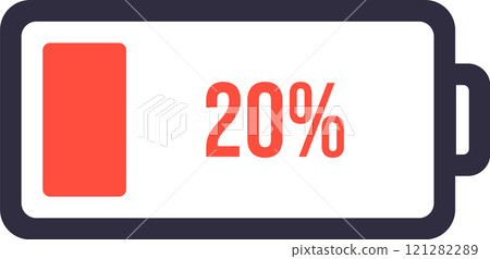 Battery icon displaying a 20 percent charge with a partially filled red bar within a battery symbol against a clean white background, representing limited power Battery icon displaying a 20 percent charge with a partially filled red bar within a battery symbol against a clean white background, representing limited power 121282289