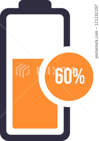 Battery icon displaying a 60 percent charge level, indicating the remaining power capacity, useful for visualizing energy status in electronic devices or applications 121282297