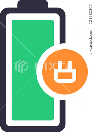 Green battery icon charging, featuring a plug symbol and energy status indicator, representing sustainable power and an efficient charging process for various electronic devices Green battery icon charging, featuring a plug symbol and energy status indicator, representing sustainable power and an efficient charging process for various electronic devices 121282306
