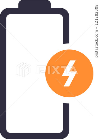 Simple battery icon with an orange circle and lightning bolt representing fast charging, suitable for illustrating quick power replenishment in electronic devices 121282308