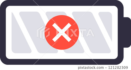 Empty battery icon with red cross sign indicating low power, symbolizing the need for charging or power source replacement for electronic devices 121282309
