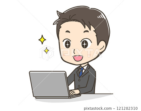 Illustration of a businessman who is happy while operating a computer 121282310