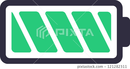 Partially charged battery icon indicating a moderate power or energy level, visualized with a simple graphic representation of a battery with green bars against a white background Partially charged battery icon indicating a moderate power or energy level, visualized with a simple graphic representation of a battery with green bars against a white background 121282311