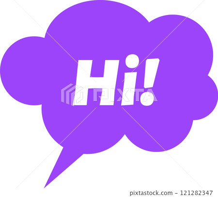 Cartoon illustration of a purple thought bubble saying hi, greeting, salutation, communication concept, exclamation mark, on white background Cartoon illustration of a purple thought bubble saying hi, greeting, salutation, communication concept, exclamation mark, on white background 121282347