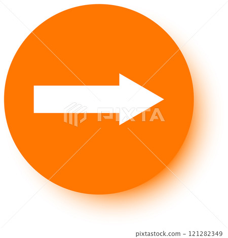 White arrow pointing to the right placed on an orange circle with a slight shadow on a white background, perfect for indicating direction or movement 121282349