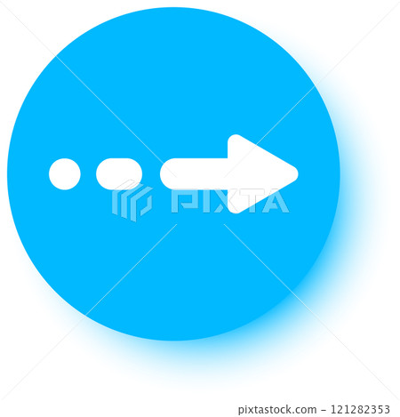 White arrow pointing right, accompanied by a dotted line, sits within a blue circle, symbolizing direction, progress, and movement toward future goals and achievements 121282353