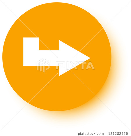 White arrow pointing right on an orange circle creates a simple, effective symbol of direction and navigation, enhanced by a subtle shadow for depth White arrow pointing right on an orange circle creates a simple, effective symbol of direction and navigation, enhanced by a subtle shadow for depth 121282356