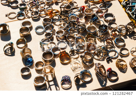 Items on display at a flea market stall Items on display at a flea market stall 121282467