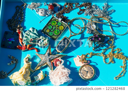 Items on display at a flea market stall Items on display at a flea market stall 121282468