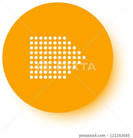 White dotted arrow pointing to the right is placed on an orange circle over a white background, creating a simple yet effective visual representation of direction and movement 121282685