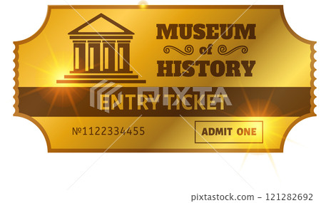 Golden entry ticket for a museum of history, featuring a classical building icon and admitting one person, evoking a sense of historical exploration and cultural experience Golden entry ticket for a museum of history, featuring a classical building icon and admitting one person, evoking a sense of historical exploration and cultural experience 121282692