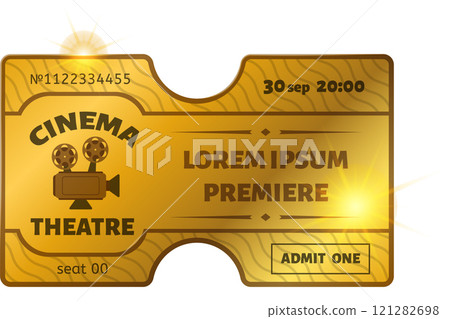 Golden cinema ticket for a movie premiere showing date, time, seat and number, with a vintage video camera and light flares on a white background Golden cinema ticket for a movie premiere showing date, time, seat and number, with a vintage video camera and light flares on a white background 121282698