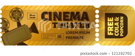 Cinema ticket inviting to a premiere with free cola and popcorn, featuring a vintage movie camera and information about date, time, seat number and offer 121282702