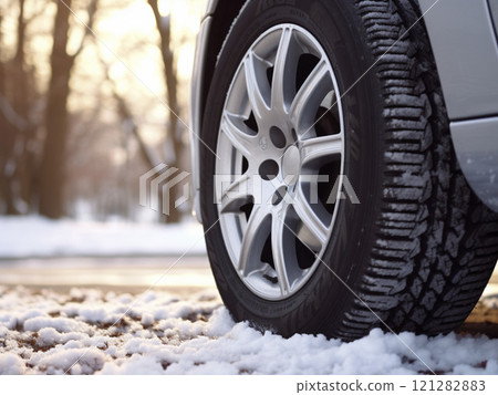 car tires running on a snowy road 121282883