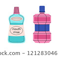 Set of oral hygiene products. Bottles of mouthwash. Teeth cleaning products. Mouth rinse. Colorful vector collection 121283046