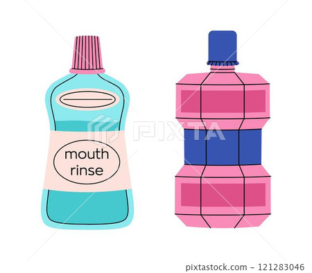 Set of oral hygiene products. Bottles of mouthwash. Teeth cleaning products. Mouth rinse. Colorful vector collection 121283046