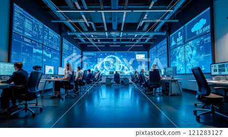 High-tech control center featuring multiple large digital screens displaying data and graphics, professionals seated at desks working on computers, analyzing information and monitoring systems High-tech control center featuring multiple large digital screens displaying data and graphics, professionals seated at desks working on computers, analyzing information and monitoring systems 121283127