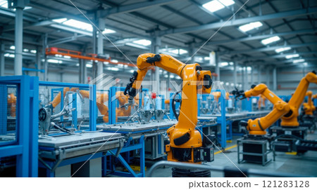 Industrial robots assembling products in a modern factory. Robotic arms and advanced machinery in large warehouse. Automated manufacturing process in high-tech production facility Industrial robots assembling products in a modern factory. Robotic arms and advanced machinery in large warehouse. Automated manufacturing process in high-tech production facility 121283128