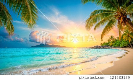 Beautiful sunset on tropical beach with palm trees, calm ocean waves, and colorful sky, perfect for themes of travel, nature, and relaxation Beautiful sunset on tropical beach with palm trees, calm ocean waves, and colorful sky, perfect for themes of travel, nature, and relaxation 121283129