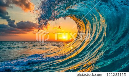 Stunning ocean wave forming elegant curl at breathtaking sunset, vibrant colors in sky, foamy water, beach, travel and nature themes, seascape 121283135
