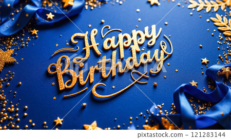 Happy birthday card with confetti and streamers, birthday celebrations, party invitation. celebrations and parties, cheerful and festive design for all age 121283144