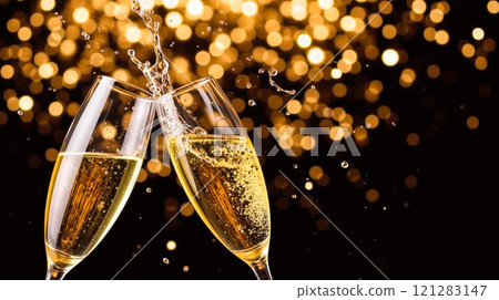 Two champagne glasses clinking together with golden bubbles and sparkling liquid, celebrating, festive background with bokeh lights, joyful moment, elegant and luxurious, party atmosphere 121283147