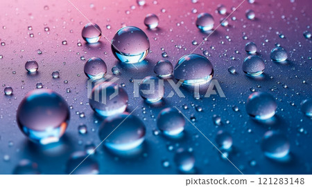 Close-up of water droplets on smooth surface with colorful blue and pink gradient background, shiny reflections, abstract texture, nature theme, vibrant lighting, modern design 121283148