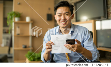 Asian man paying utility bill using mobile app, smiling at camera, holding paper invoice, smartphone in hand, online transaction, home setting, financial management, digital payment convenience 121283151