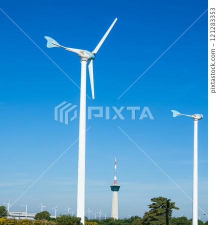 Energy Wind Power Farm Plant Generator Eclectric Eco Industry Field Station Tower Global Technology Environment Production Innovation Countryside Voltage Sustainable Renewable Turbine Alternative. 121283353