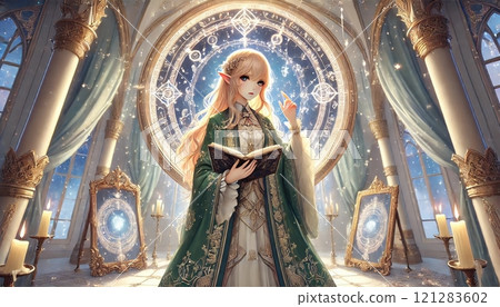 一座閃閃發光的宮殿,有一個精靈女人拿著一本魔法書和一個夢幻般的魔法圈 一座閃閃發光的宮殿,有一個精靈女人拿著一本魔法書和一個夢幻般的魔法圈 121283602