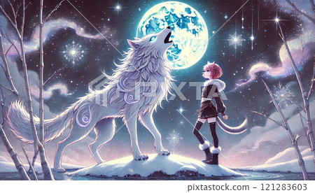 滿月下貓耳女孩面對白狼的奇妙冬季景觀 滿月下貓耳女孩面對白狼的奇妙冬季景觀 121283603