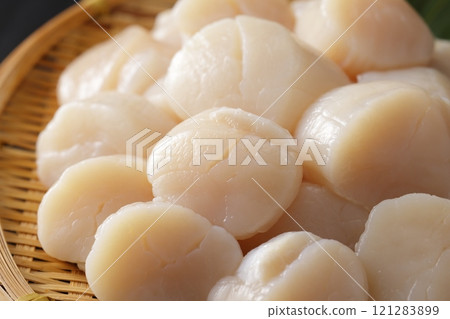 Hokkaido scallops piled high in a colander 121283899