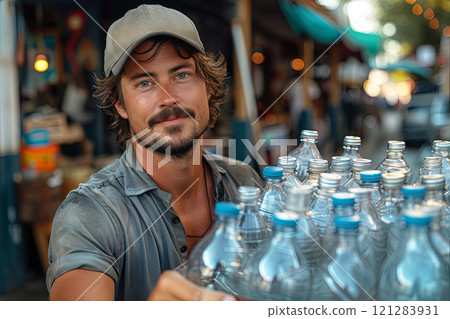 Man is holding a bunch of water bottles 121283931