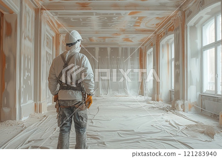 Male construction worker in a hard hat is standing in a room where construction work is underway, there is a lot of dust and debris 121283940