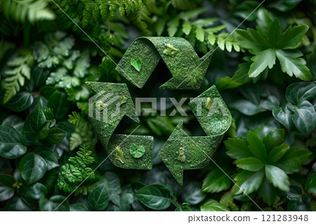 Green symbol of waste recycling on a background of leaves Green symbol of waste recycling on a background of leaves 121283948