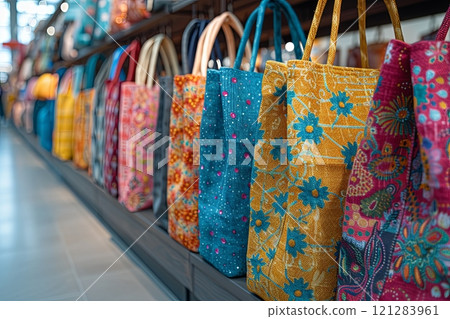 Colorful bags with floral designs are displayed in a store. Concept of variety and creativity 121283961