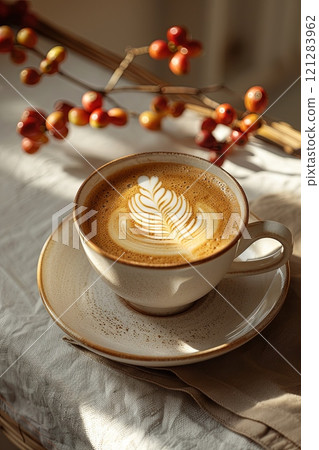 Cup of coffee with leaf design on saucer 121283962