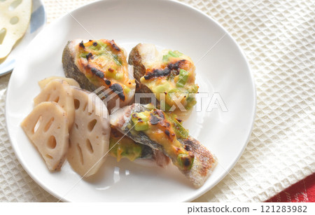 White fish, cod grilled with green onion and miso, garnished with sweet and sour lotus root, a healthy Japanese dish using root vegetables that will warm you up in the cold winter White fish, cod grilled with green onion and miso, garnished with sweet and sour lotus root, a healthy Japanese dish using root vegetables that will warm you up in the cold winter 121283982