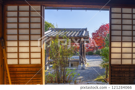 秋天的京都新光院蓮月庵可見秋葉 121284066